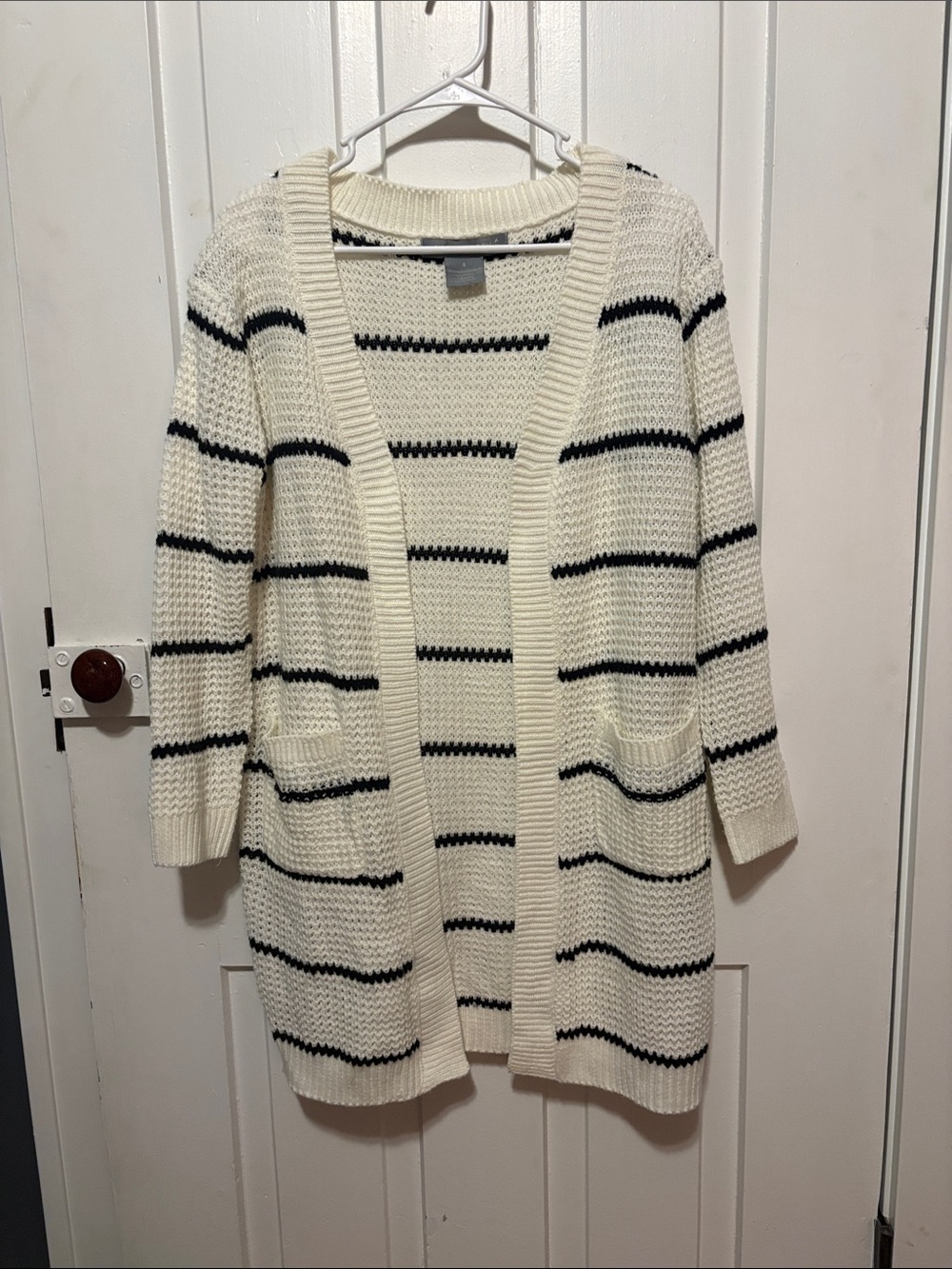 Cream & Black Striped Open-Front Cardigan